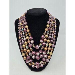 VINTAGE JAPAN 5 STRAND BEADED NECKLACE GOLD & PURPLE FASHION JEWELRY WOMEN